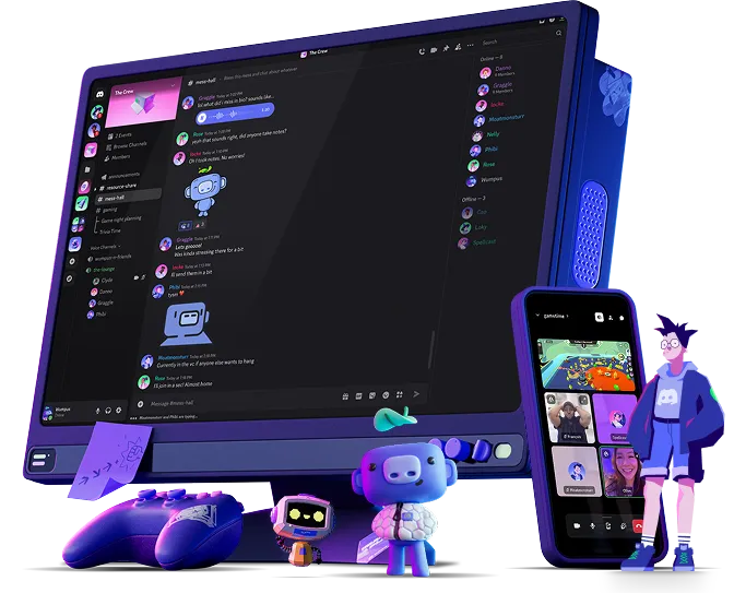 Discord 群聊、电脑和手机界面插画