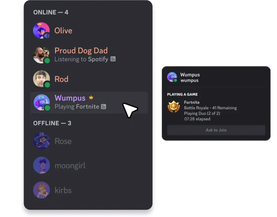 Discord 显示朋友在线状态的界面